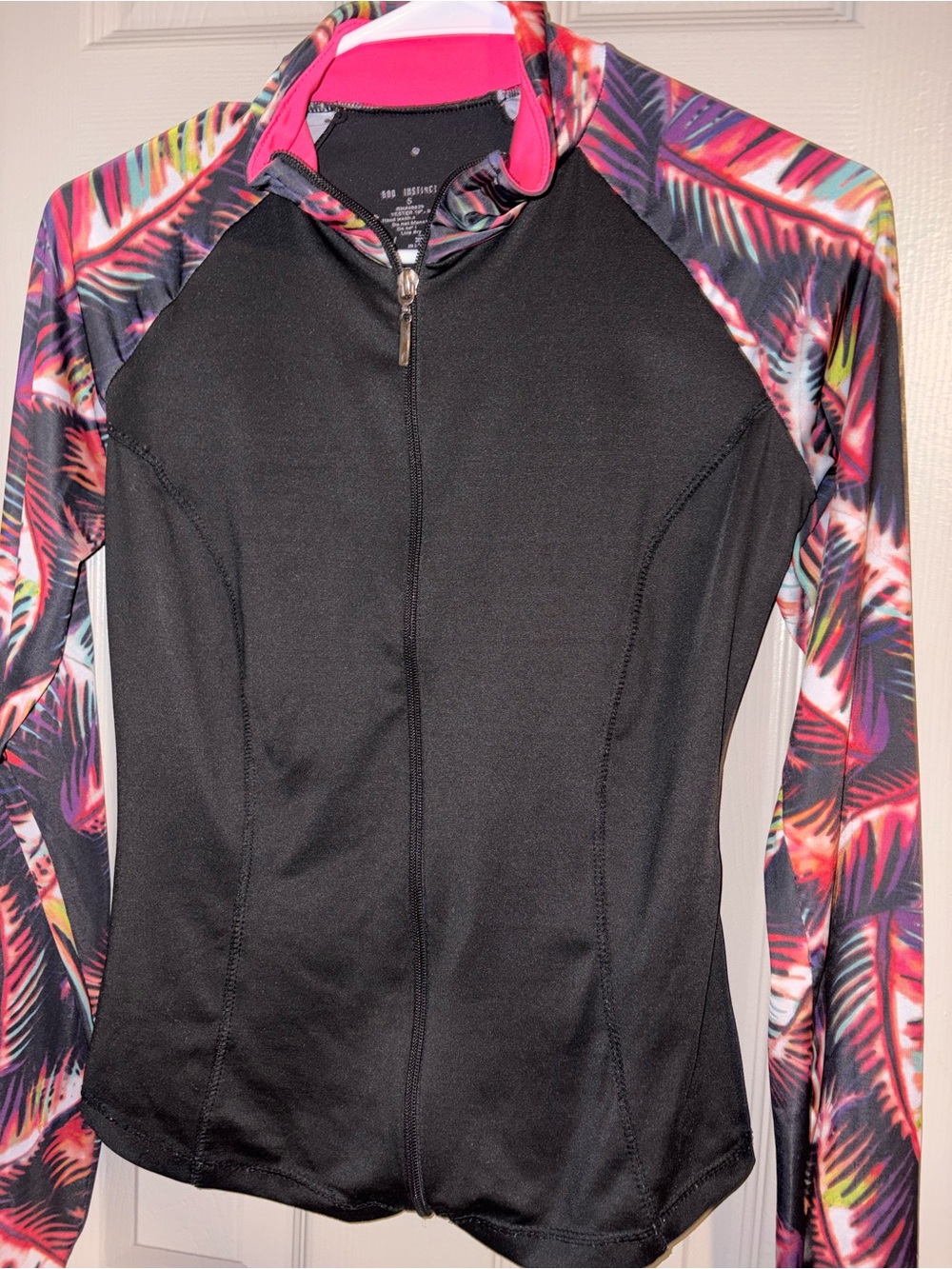 Women’s Black Athletic Zip-Up Top with Multicolor Palm-Print Sleeves